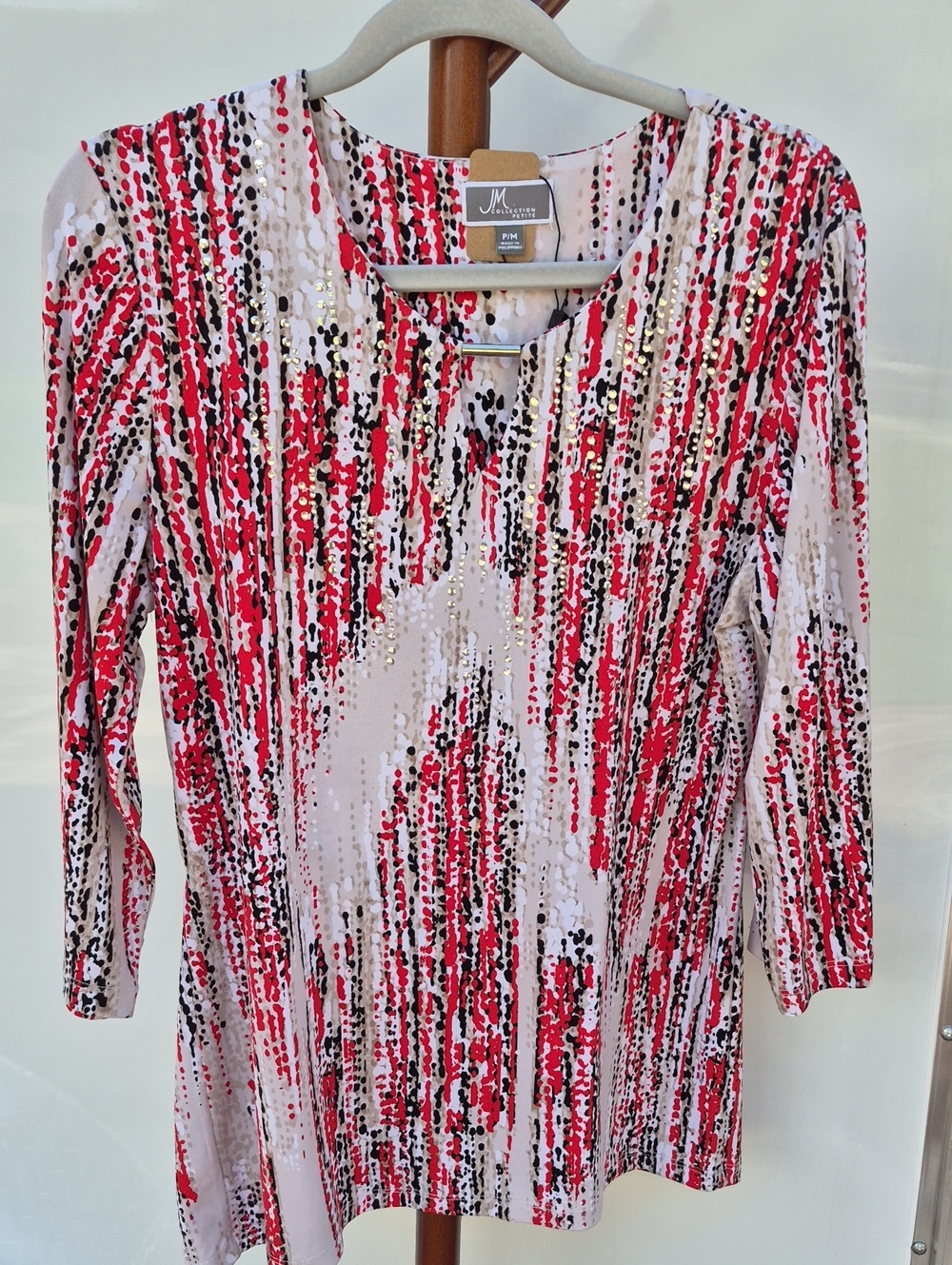 JM Collection Red, Black & Cream Long Sleeve Patterned Women’s Top